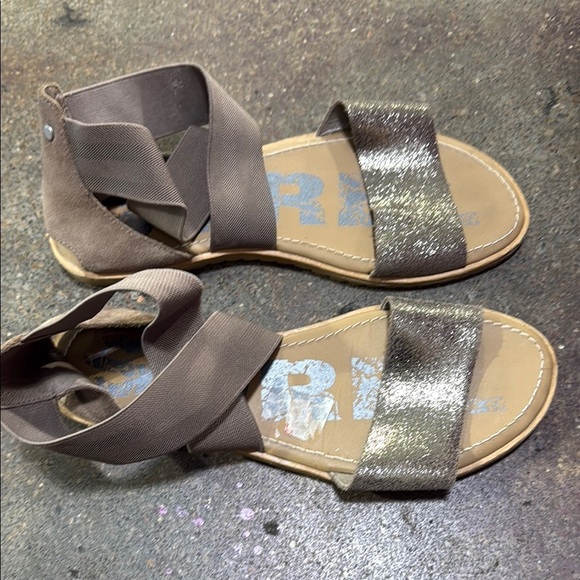 Sorel Gray and Metallic Silver Sandals with Ankle Wrap and Glittery Straps - Picture 2 of 3
